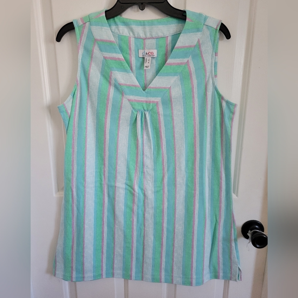 Denim & Co Womens Green Striped V-neck Sleeveless Top Size Large